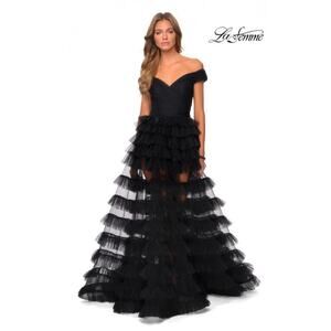 LA FEMME 28804 Black Tiered Ruffle Gown Prom Dredd Women’s Size 2 NWOT
